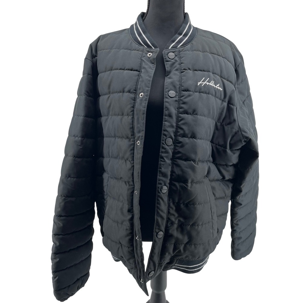 Hollister Mens Black Quilted Bomber Puffer Jacket Ribbed Hem Size L‎ Preppy